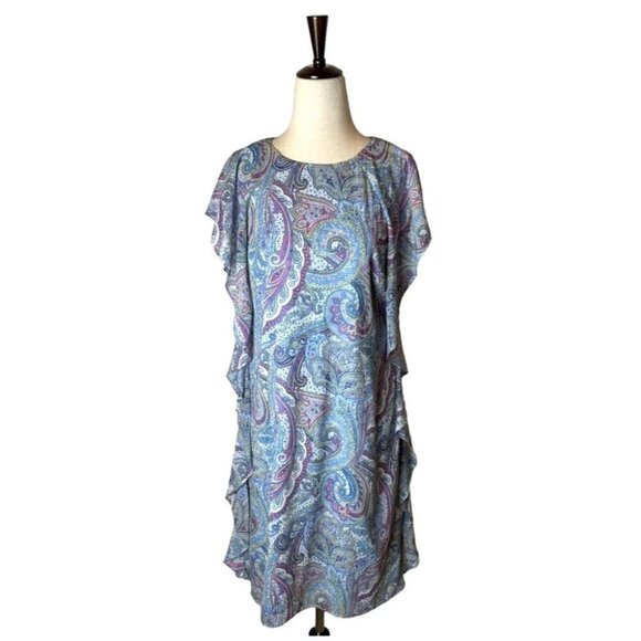 Lauren Ralph Lauren Blue And Purple Paisley Ruffle Detail Mini Shift Dress‎ 8P - Picture 2 of 11